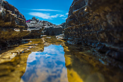 Close-up of reflection of mountain in lake