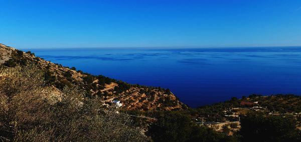 Scenic view of sea against clear blue sky