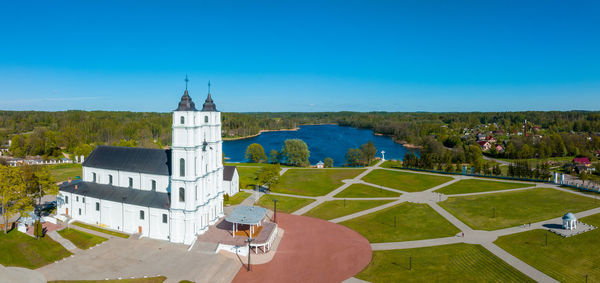 Beautiful aerial view of the white chatolic church basilica in latvia, aglona.