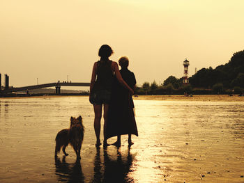 Rear view of silhouette friends walking on beach against sky during sunset