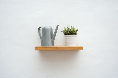 High angle view of potted plant against white wall