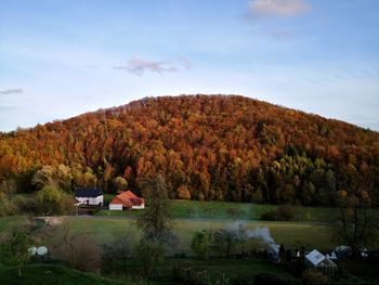 Scenic view of trees during autumn against sky