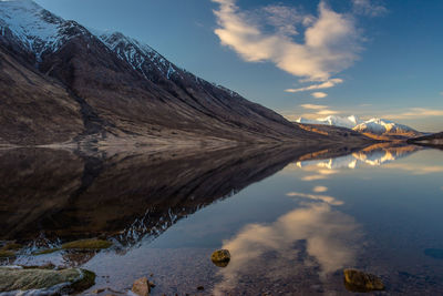 Scenic view of lake and snowcapped mountains against sky