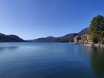 Scenic view of lake against clear blue sky