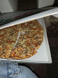 High angle view of pizza in box