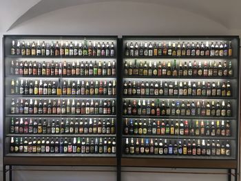 Full frame shot of bottles on shelf