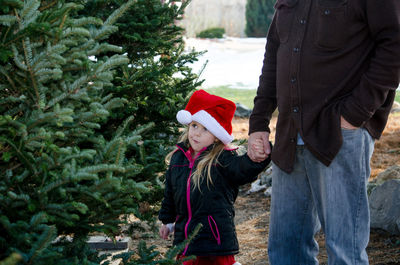 Young girl in a santa hat, helps her grandpa pick out the perfect christmas tree