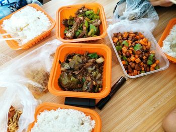 High angle view of food served on table