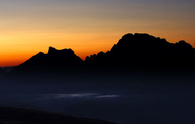 Scenic view of silhouette mountains against sky during sunset