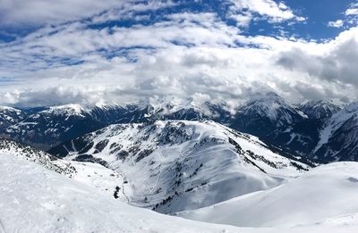 Mountains and valley in mayerhofen. scenic view of snowcapped mountains against sky