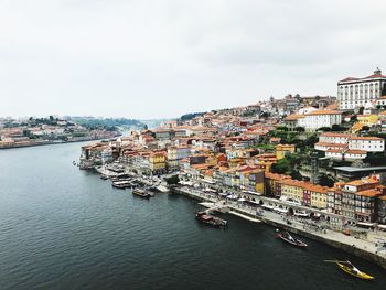 High angle view of river amidst buildings in city against sky