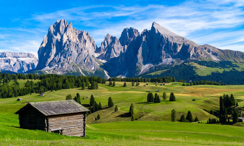 Seceda mountains at sunset in the dolomites, trentino alto adige, val di funes valley, south tyrol