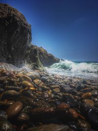 Rocks in sea against clear blue sky