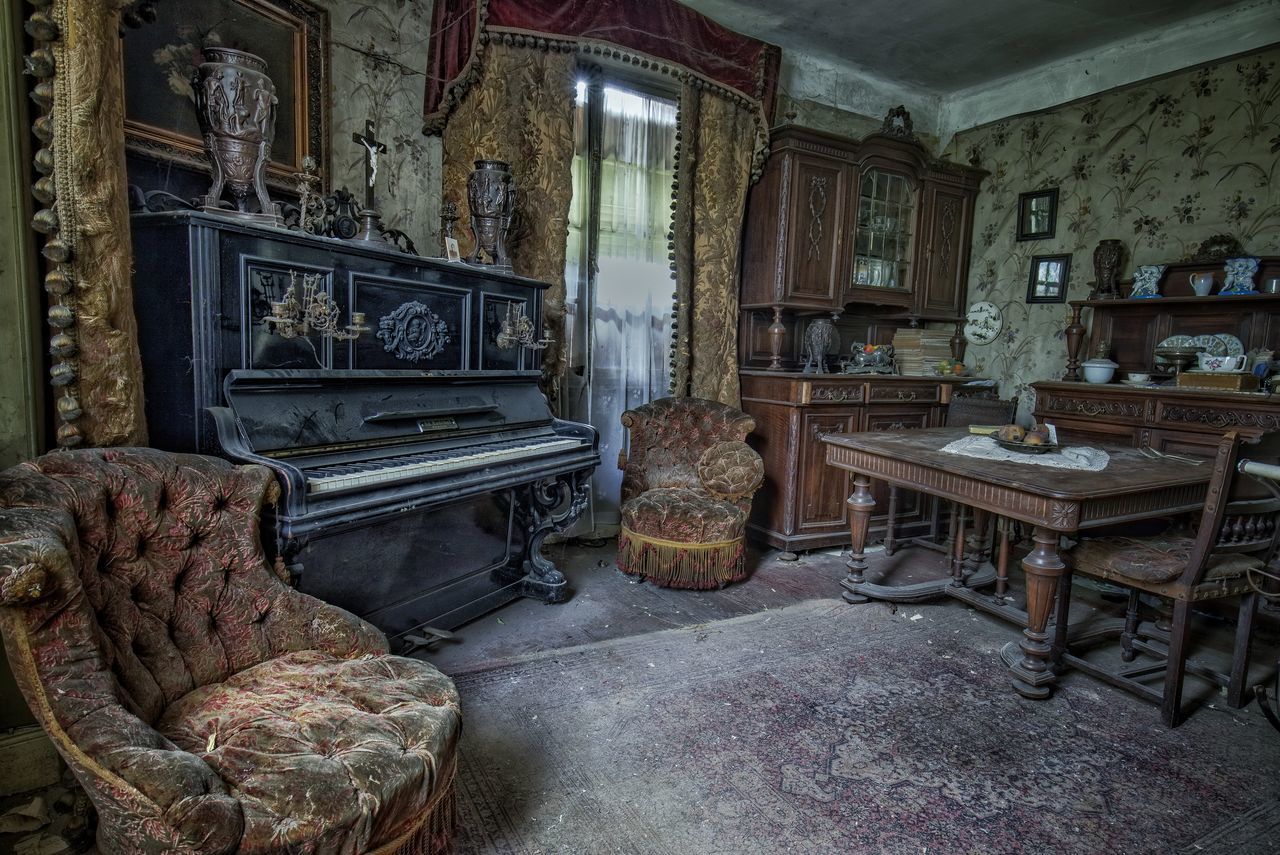 indoors, old, seat, table, chair, no people, architecture, abandoned, day, absence, window, obsolete, house, building, furniture, deterioration, decline, domestic room, run-down, home interior