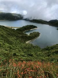 Scenic view of lake against sky