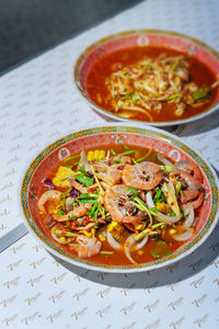 High angle view of soup in bowl on table