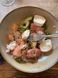 High angle view of food served on table