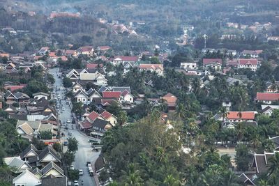 High angle view of townscape and trees in city