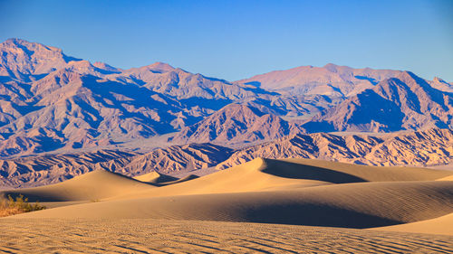 Scenic view of snowcapped mountains against clear sky