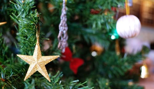 Close-up of christmas decoration hanging on tree