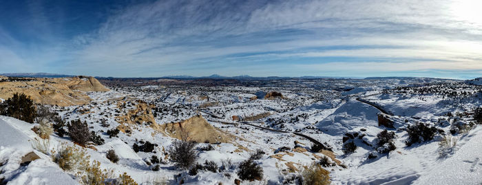 Snow covered landscape against sky