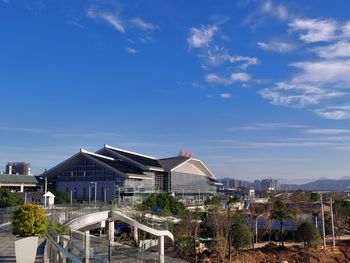 High angle view of buildings against sky