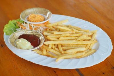 High angle view of food served on table