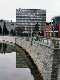 Bridge over river by buildings against sky in city