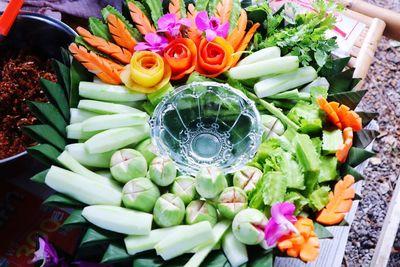 High angle view of various flowers in container