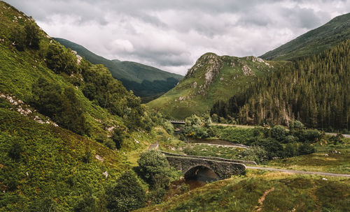 Scenic view of glen shiel in scotland highlands against cloudy sky