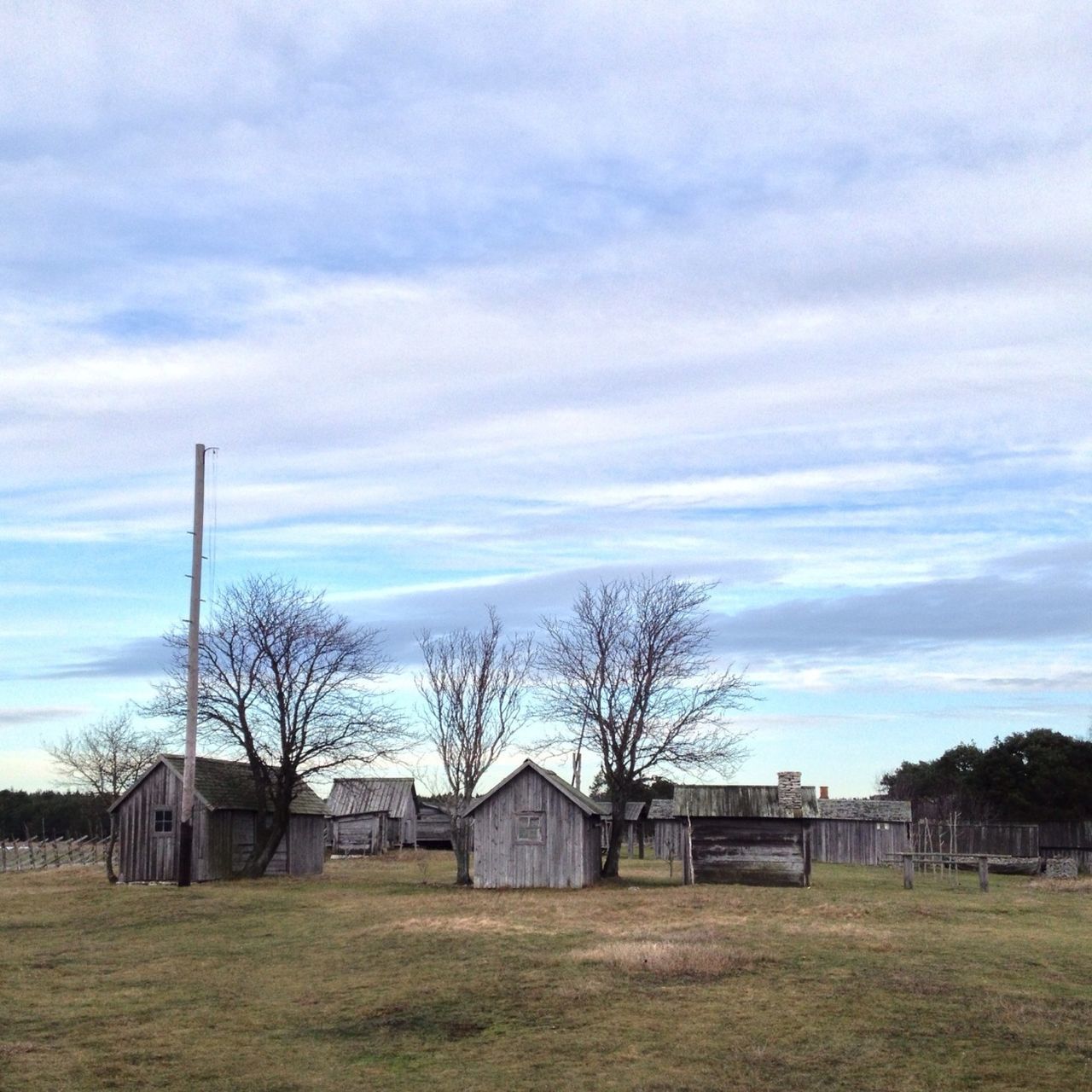 sky, tree, bare tree, field, grass, built structure, building exterior, architecture, landscape, cloud - sky, house, rural scene, tranquility, tranquil scene, cloud, nature, cloudy, grassy, beauty in nature, scenics