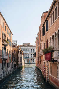 View of a boat on grand canal from a narrow canal in venice, italy, focus on background.