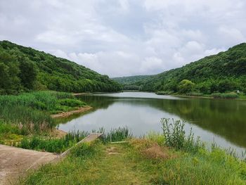 Scenic view of lake by trees against sky