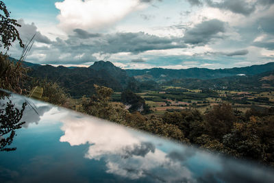 Scenic view of lake by mountains against sky