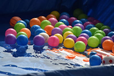 Close-up of multi colored balloons on water