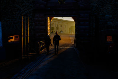 Rear view of people walking on illuminated building