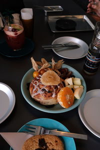 High angle view of breakfast served on table