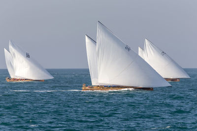 Sailboat sailing on sea against clear sky