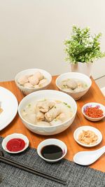 High angle view of food served on table