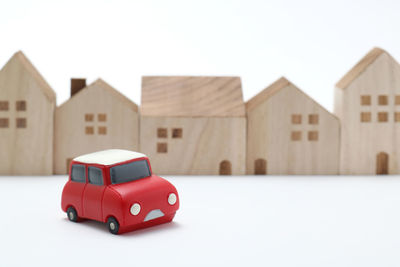 Close-up of toy car against white background