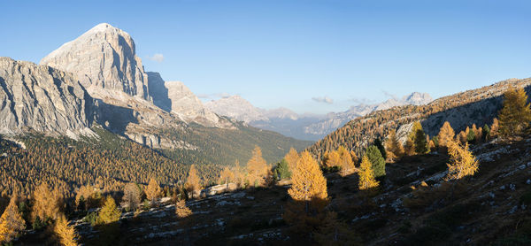 Panoramic view of mountains against clear sky