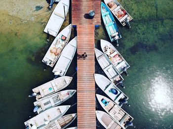 High angle view of man amidst sea on pier during sunny day