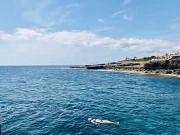 High angle view of woman swimming in sea