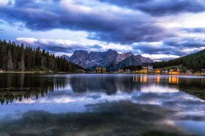 The view of lake misurina and mount sorapiss sunrise view taken during summer. dolomite, italy.