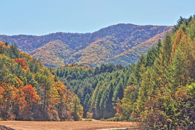 Scenic view of mountains against sky during autumn