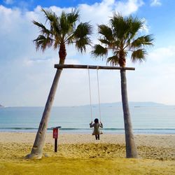 Palm trees on beach against sky