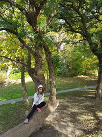 High angle view of girl sitting on tree in park