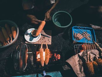High angle view of food on barbecue grill
