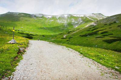 Scenic view of country road against cloudy sky