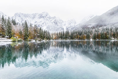 Scenic view of lake by snowcapped mountains during winter